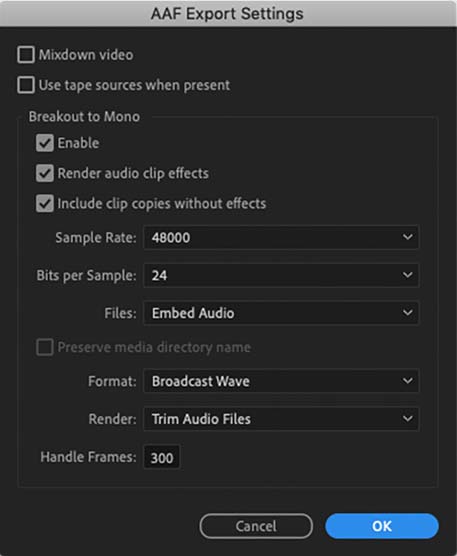 AAF export to sound mix
