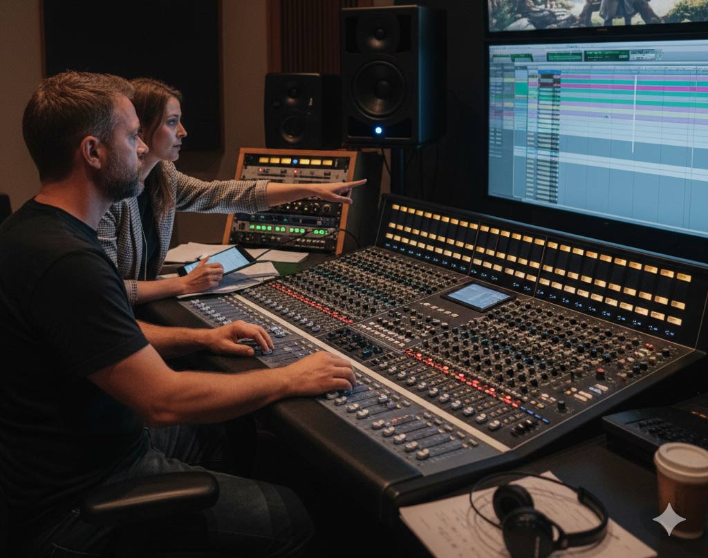 Re-recording mixing engineer and film producer working with video editors and teams