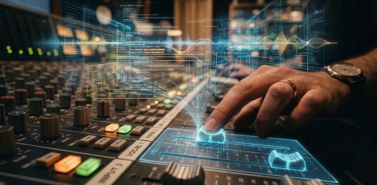 Audio mixing console, hand, digital