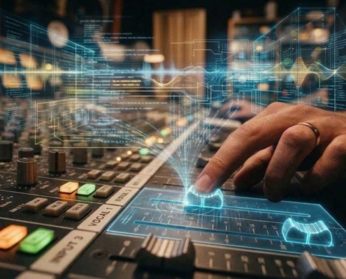 Audio mixing console, hand, digital