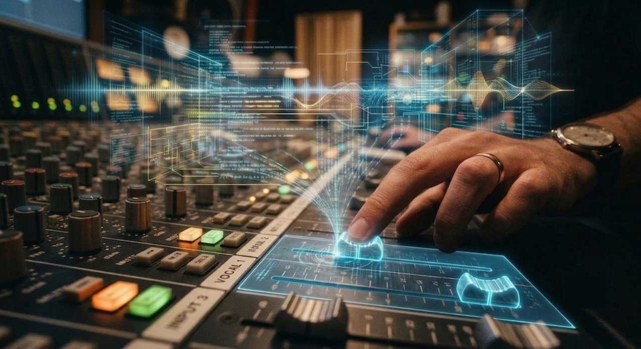 Audio mixing console, hand, digital